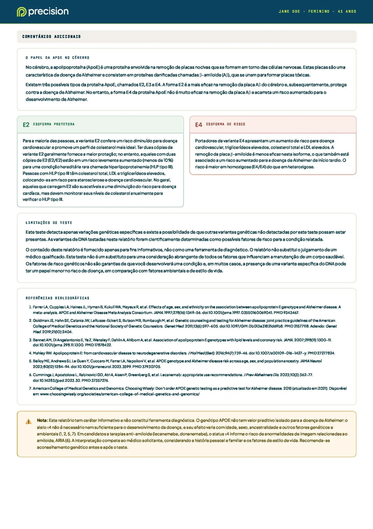 Laudo ApoE de exemplo — página 2: Comentários e referências