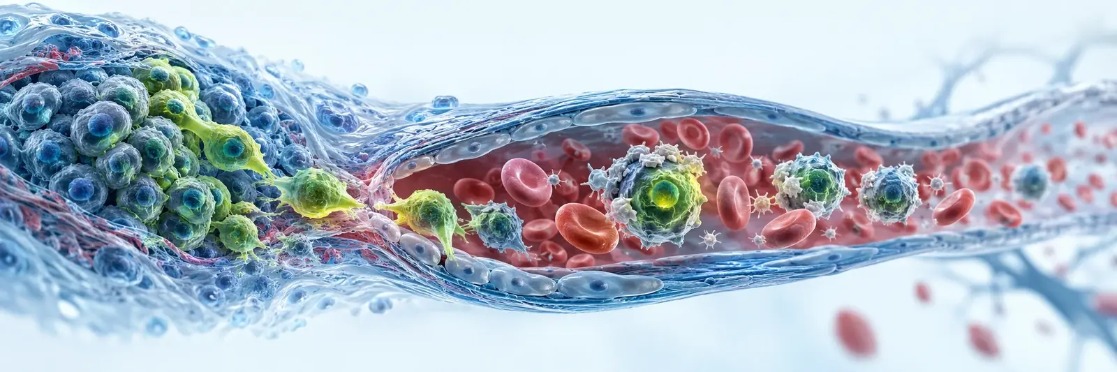 Ilustração de células tumorais se desprendendo do tumor e circulando no sangue entre hemácias e plaquetas
