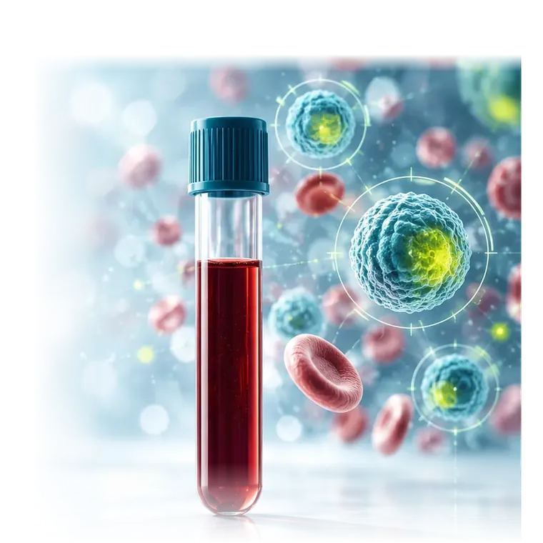 Tubo de coleta de sangue com células tumorais circulantes em destaque ao redor