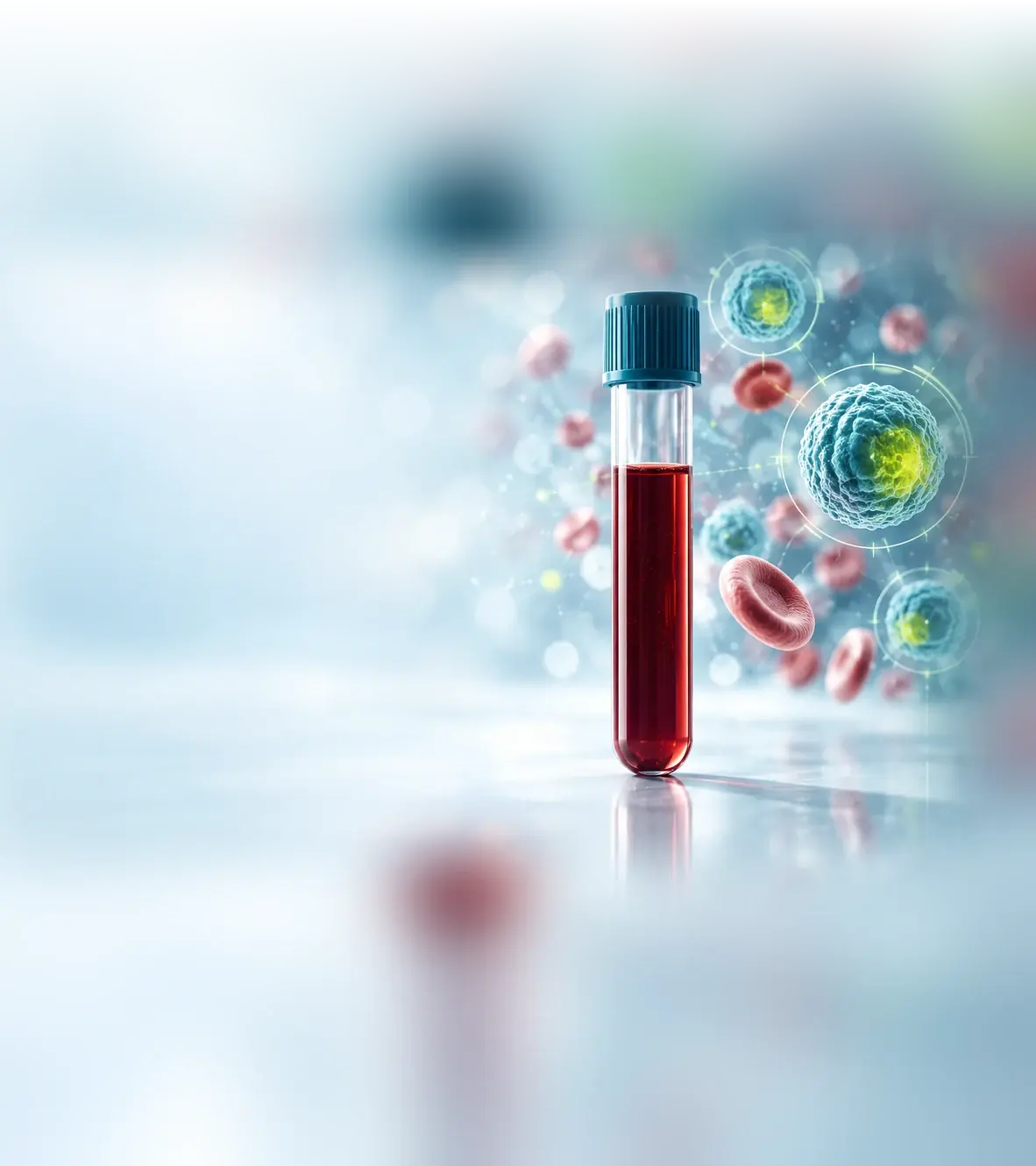 Tubo de coleta de sangue com células tumorais circulantes em destaque ao redor