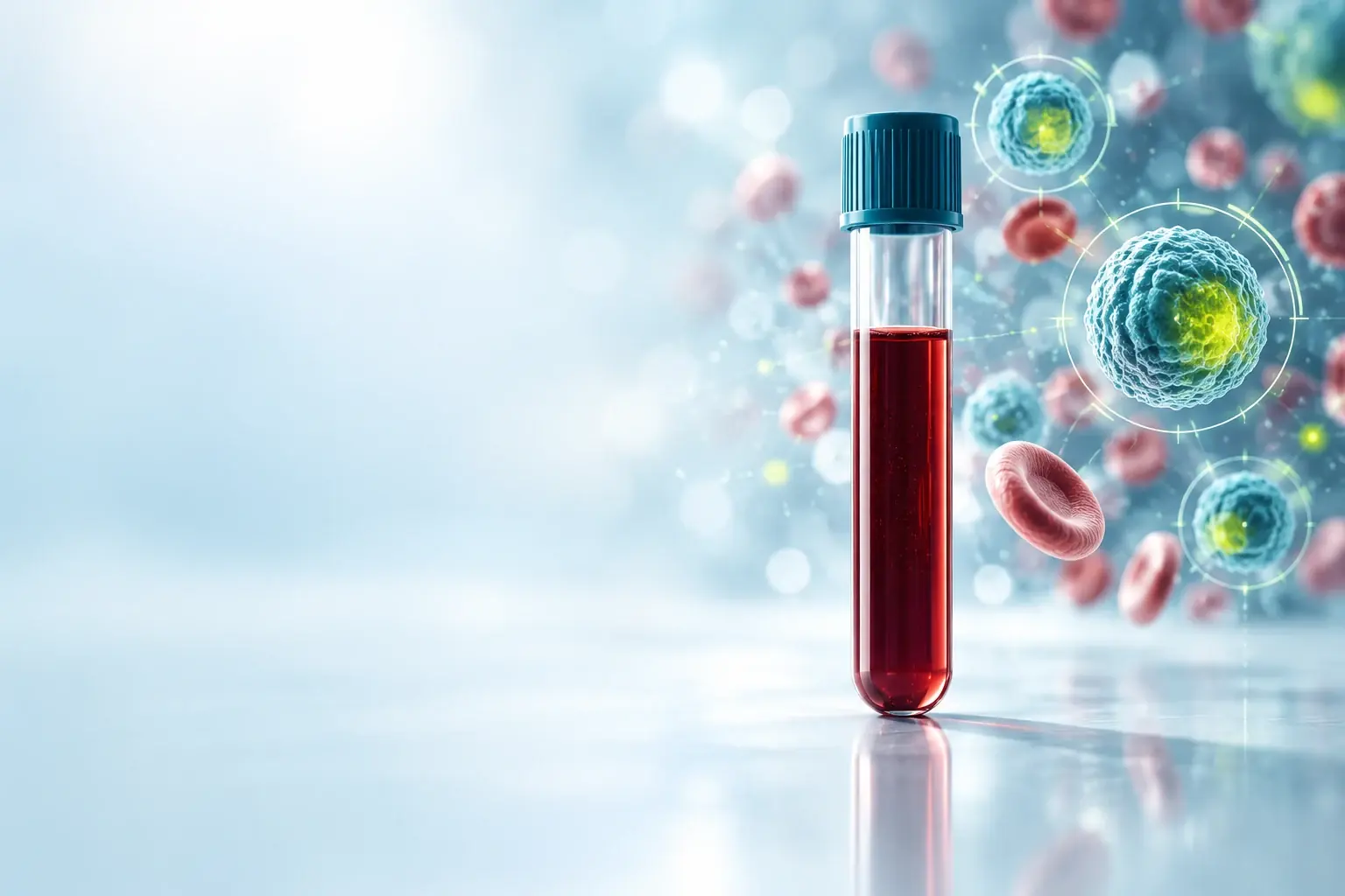 Tubo de coleta de sangue com células tumorais circulantes em destaque ao redor