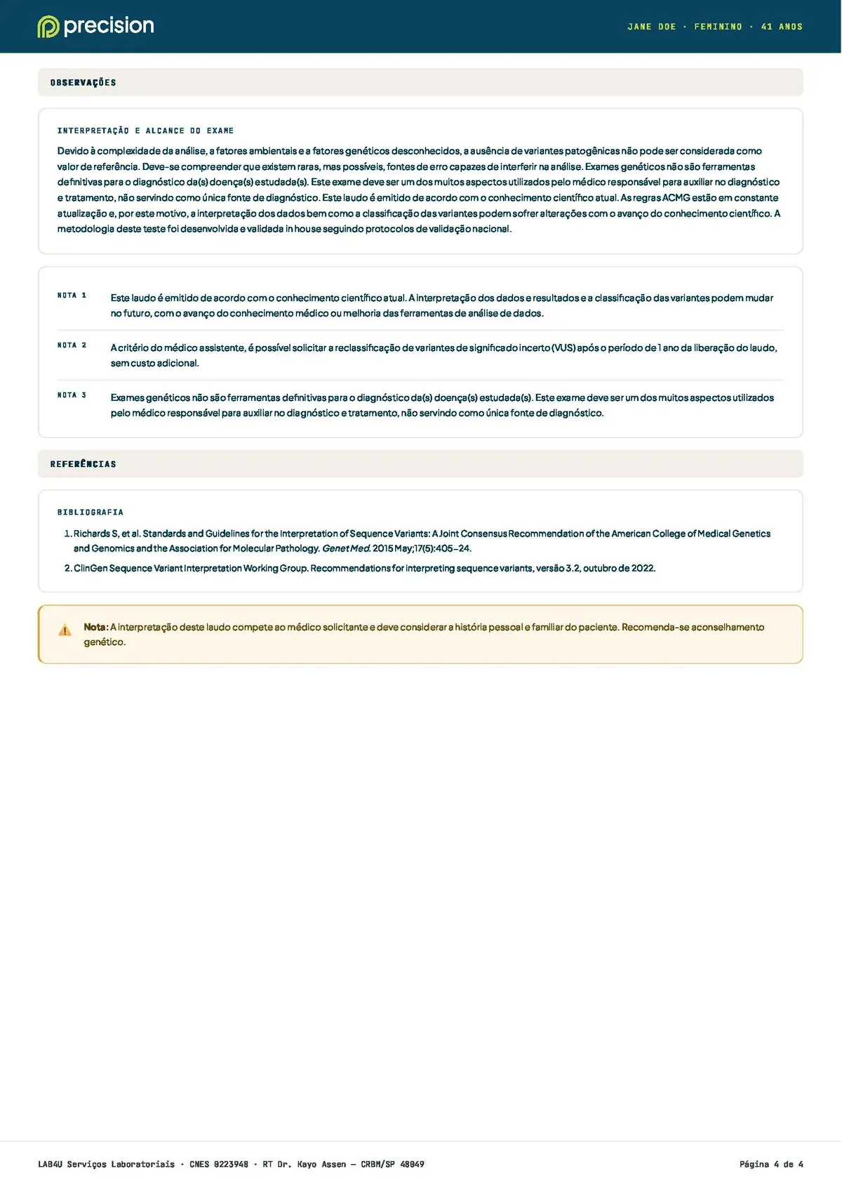 Laudo de câncer hereditário de exemplo — página 3: Observações e referências