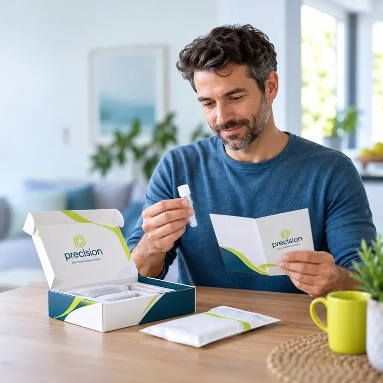 Paciente em casa fazendo a autocoleta, com o kit Precision aberto sobre a mesa