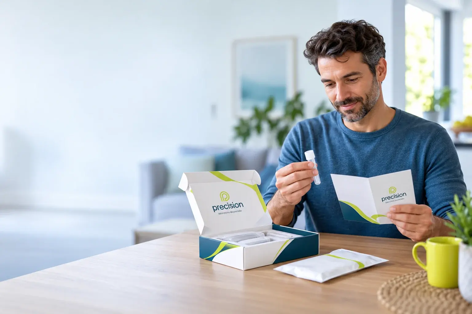 Paciente em casa fazendo a autocoleta, com o kit Precision aberto sobre a mesa