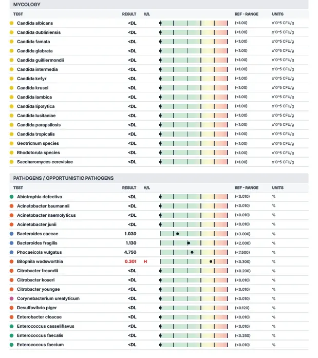 Laudo GutCHECK Plus de exemplo, página 4: Fungos e patógenos oportunistas