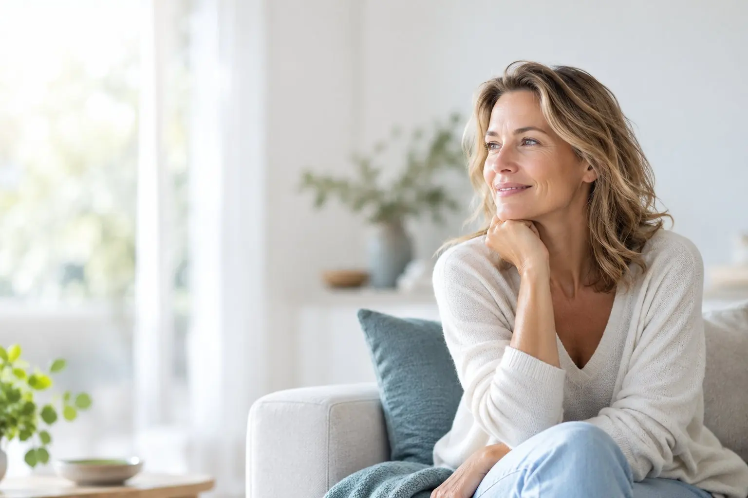 Paciente sorrindo, sentada no sofá de casa com luz natural