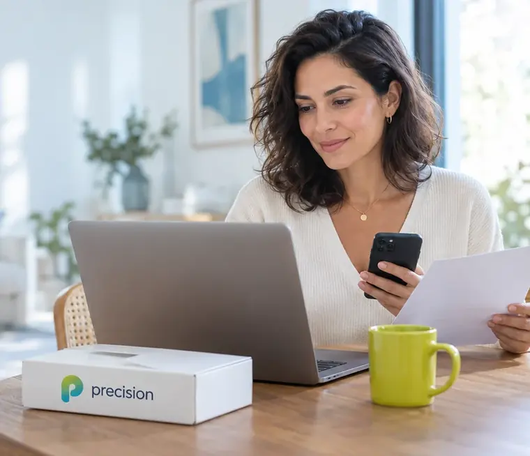 Paciente em casa solicitando um orçamento pelo notebook, com o pedido médico em mãos e o kit Precision sobre a mesa