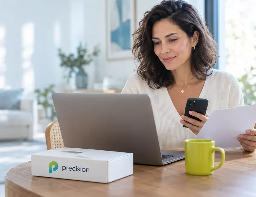 Paciente em casa solicitando um orçamento pelo notebook, com o pedido médico em mãos e o kit Precision sobre a mesa