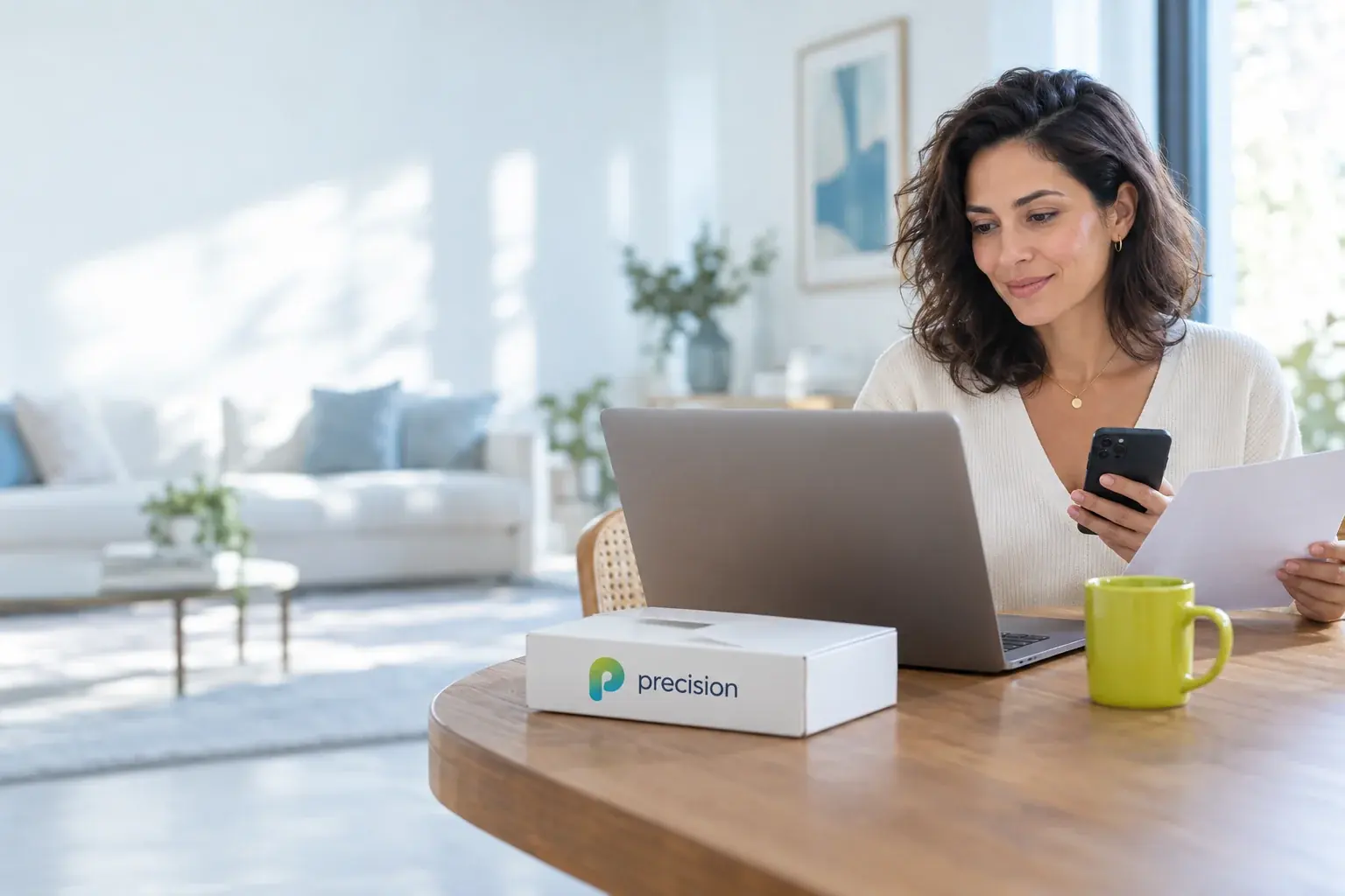 Paciente em casa solicitando um orçamento pelo notebook, com o pedido médico em mãos e o kit Precision sobre a mesa
