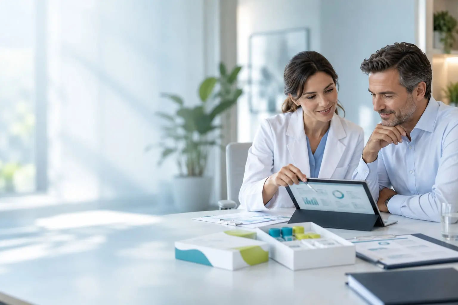Consultora científica da Precision e médico analisando um laudo em um tablet, com kit de coleta sobre a mesa