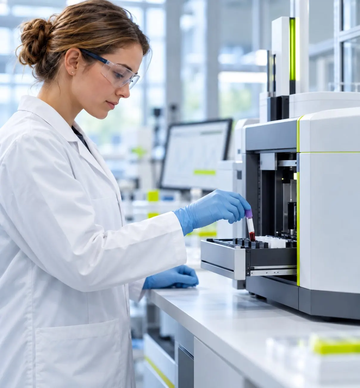 Analista em laboratório posicionando uma amostra de sangue no equipamento de análise