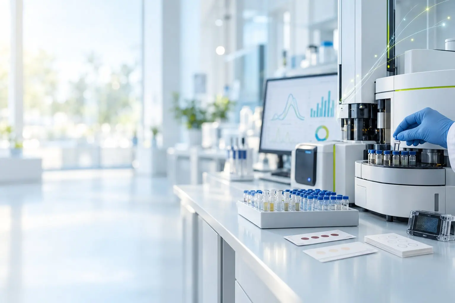 Bancada de laboratório com espectrômetro de massas, amostras e cartões de coleta de amostra seca